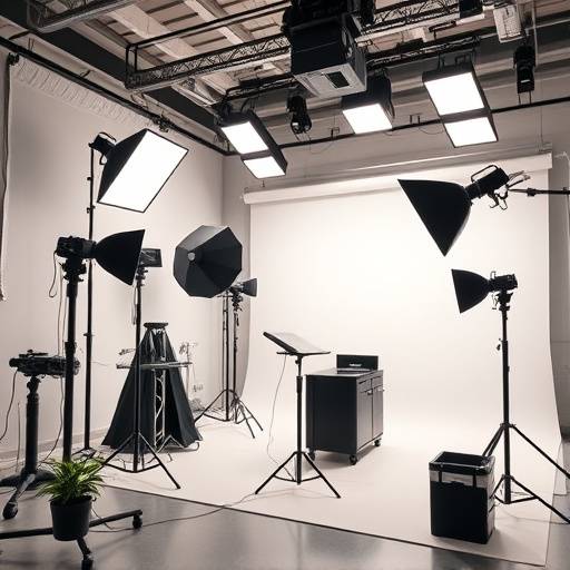 A bright, modern photo studio interior with professional equipment.