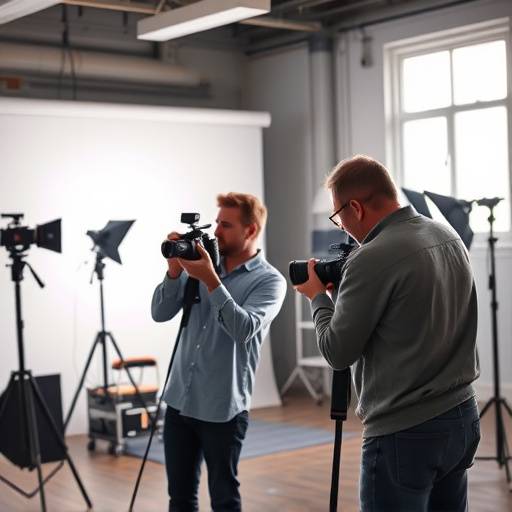 A group of photographers collaborating in a well-lit studio space.