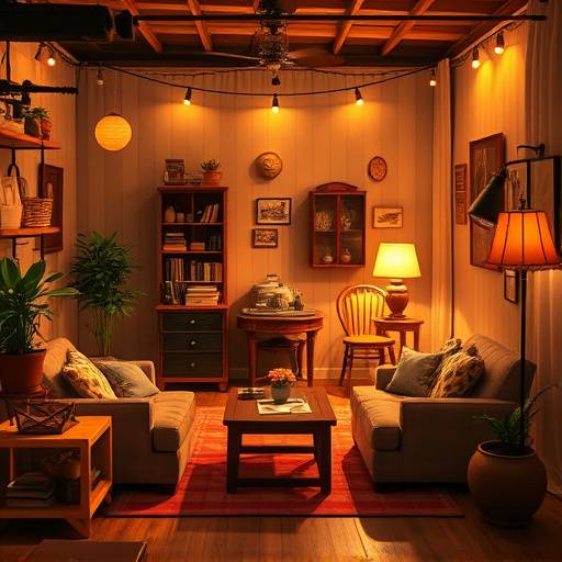 Cozy studio with warm lighting, comfortable seating, and a vintage backdrop