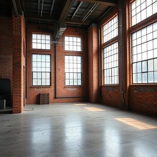 Spacious industrial studio with exposed brick walls and large windows.