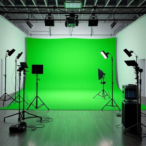 Spacious studio equipped with a professional green screen setup.